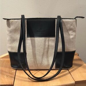 Etienne Aigner Beige Linen and Black Leather Tote